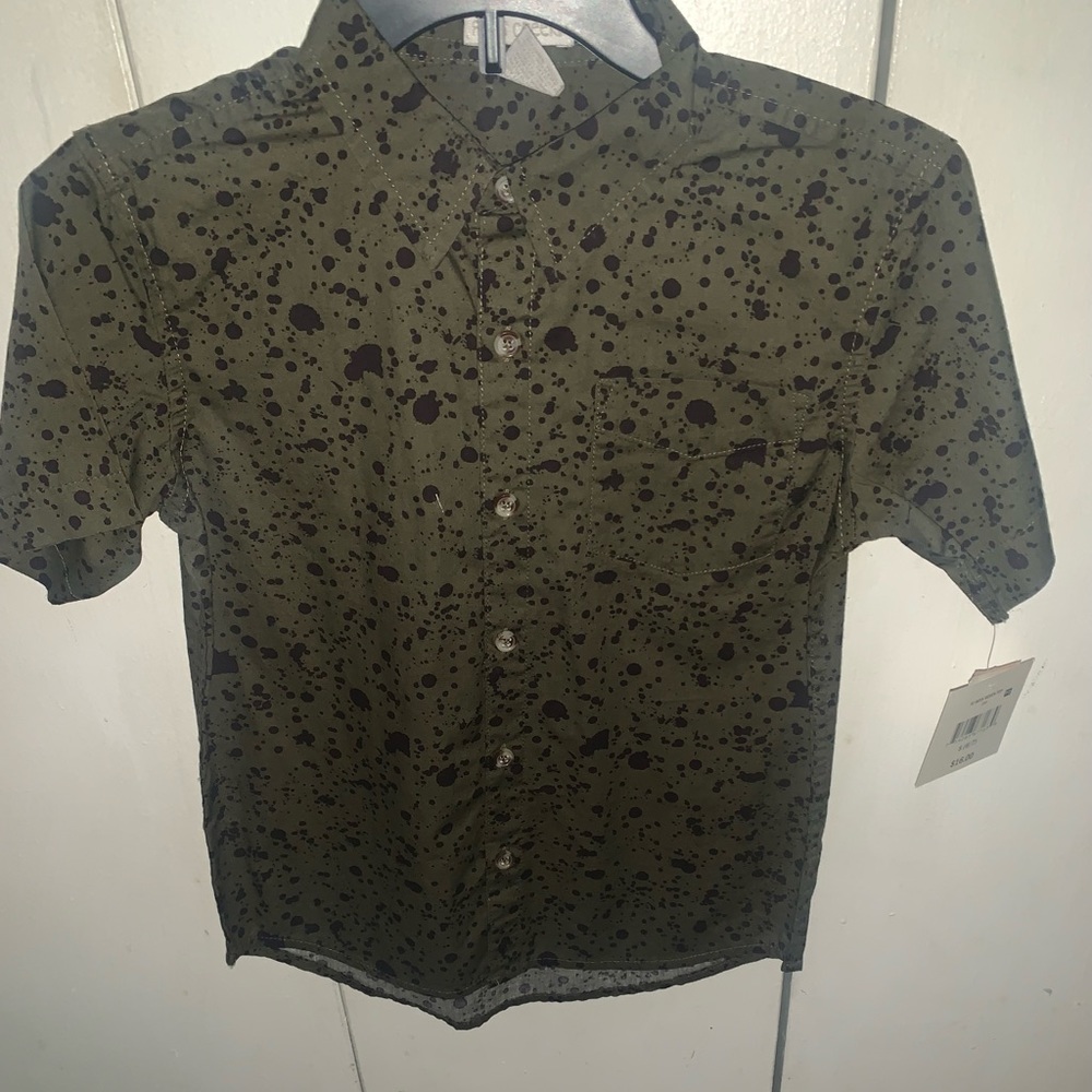 Tan shirt with black paint splatter & army green with black splatter